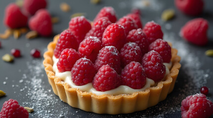Pr&eacute;sentation d'une Tartelette &agrave; la framboise saupoudr&eacute;e de sucre glace 