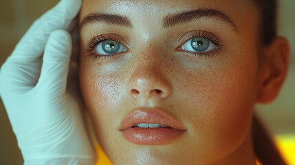 A woman�s face with freckles being gently touched by a gloved hand under warm lighting in a medical setting