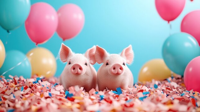 Piglets surrounded by balloons and confetti in a cozy barn setting, playfully celebrating National Pig Day. - Powered by Adobe