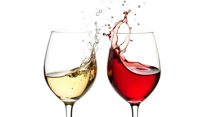 Dos copas de vino, una llena de vino blanco y la otra de vino tinto, se capturan en un chapoteo dinámico contra un fondo blanco absoluto