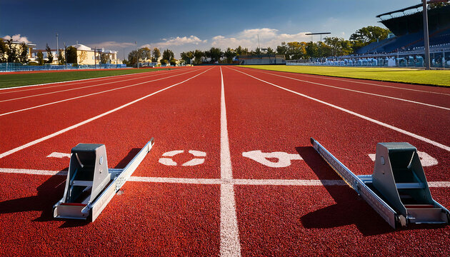 Running Track and Starting Blocks – An empty red running track with starting blocks ready at the starting line