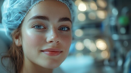 Fototapeta premium A smiling young woman in a blue cap looking forward in a brightly lit scientific laboratory setting