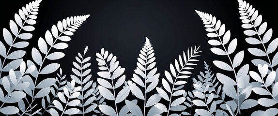 white fern leaves abstract cartoon on plain dark black background illustration