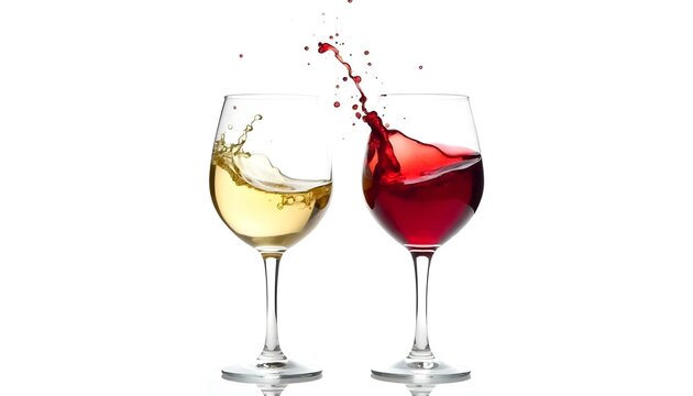 Dos copas de vino, una llena de vino blanco y la otra de vino tinto, se capturan en un chapoteo din&aacute;mico contra un fondo blanco absoluto