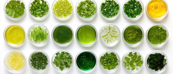 Naklejka premium Fresh Herbs and Oils in Petri Dishes on White Background Top View Capturing Culinary Science and Green Tones with Laboratory Aesthetic and Bright Lighting