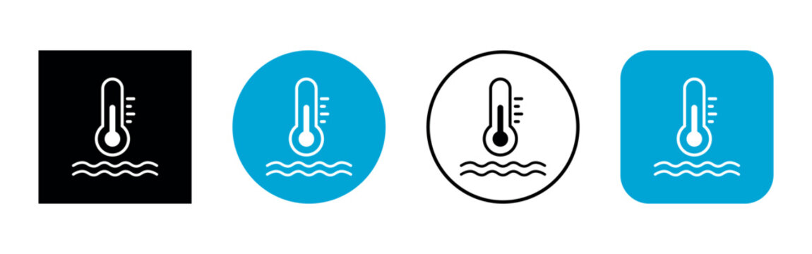 Vector Water Thermometer Flat Icons Set in Solid Geometric Shapes on White Background. Water Temperature Indicator Signs collection for pool, sea water, temp conditioner system.
