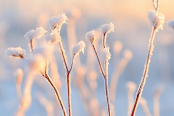 close-up of frosty garden foliage under winter sunlight