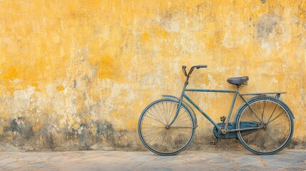 Weathered bicycle against a textured mustard-colored wall, rustic and artistic