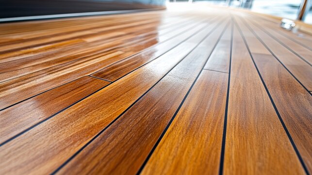Polished teak wooden deck of a modern yacht sailing on the sea