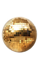 A golden disco ball with shiny, sparkling reflections on its surface
