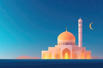 flat design illustration of eid al-fitr celebration scene featuring illuminated mosque dome under starry sky