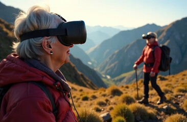 Obraz premium Participants enjoy a VR hike in stunning mountain landscapes at sunrise