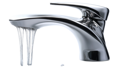 Modern chrome faucet with flowing water stream isolated on transparent background, Cutout PNG