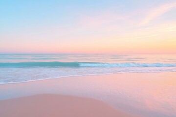 Obraz premium golden sandy beach at sunset with gentle waves kissing shore under pastel sky ideal for relaxing getaways