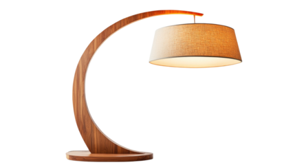 Modern wooden arch lamp with fabric shade isolated on transparent background, Cutout PNG