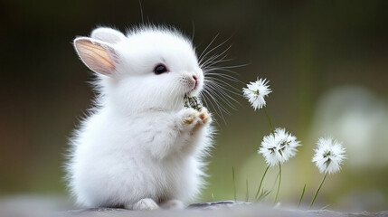 Fluffy white bunny playing with dandelions in a serene setting