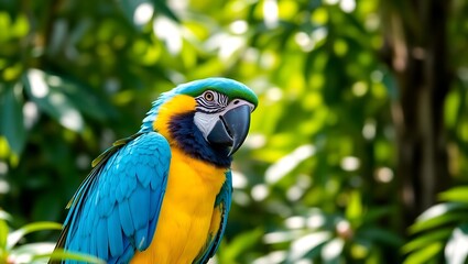 Close-Up of Vibrant Blue and Yellow Macaw Parrot in Natural Green Setting