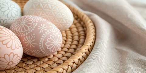 Delicate pastel Easter eggs with intricate patterns, resting in a woven basket on a soft, light fabric background.