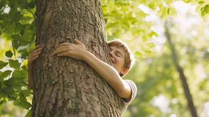 young person joyfully hugging mature tree in green forest emphasizing with nature