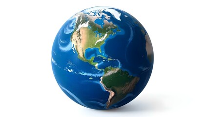 Fototapeta premium Una representación digital detallada del planeta Tierra, centrada en el continente norteamericano, sobre un fondo completamente blanco. La obra de arte emplea una paleta de colores vibrantes