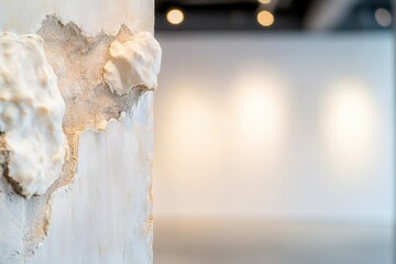 close-up image captures intricate details of art piece its textures illuminated by soft gallery lights