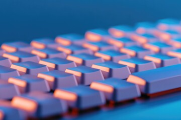 Obraz premium close-up of keyboard with keys illuminated by futuristic blue light symbolizing digital transformation