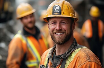 Smiling Construction Worker in Yellow Hard Hat and Orange Vest