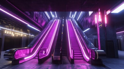 Neon-lit escalators in futuristic subway station (2)