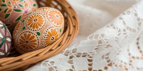 Fototapeta premium A beautifully decorated basket of colorful Easter eggs resting on an intricately designed lace cloth, creating a charming springtime scene.