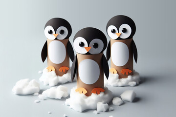 Fototapeta premium Cute handmade penguin crafts, featuring googly eyes, orange beaks, and feet. Great for kids' crafts, holiday decorations, and creative businesses focused on fun, seasonal products,