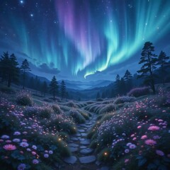 Fototapeta premium A luminous galactic meadow in an aurora-lit glade