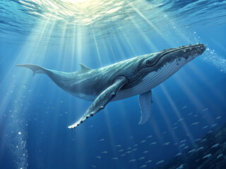 Naklejka premium A giant humpback whale gliding gracefully through the deep blue ocean, sunlight filtering from above