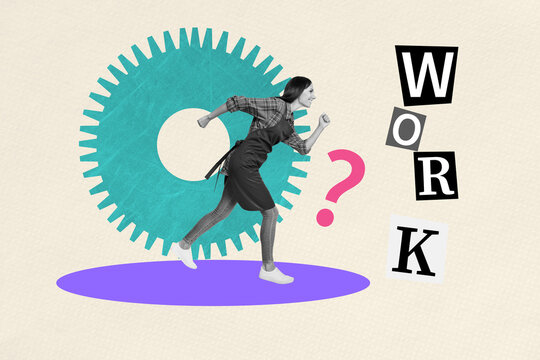 Creative 3D photo collage trend artwork template of human resources hiring manager workspace young woman research work walk wear uniform