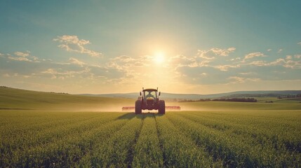 Fototapeta premium Tractor working on a vast green field under a bright sun agricultural landscape rural scene farming equipment cultivating land at sunset scenic view