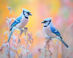 Cornstalk. Beautiful Scene of Wild Blue Jays Feeding on Cornstalk in Toronto Park