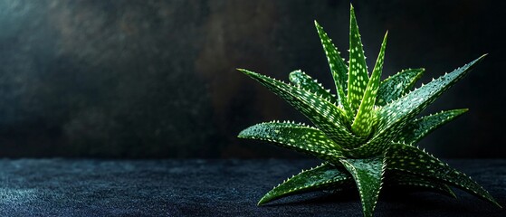 Obraz premium Medicinal Aloe Vera Herb Displayed on Dark Background, Healing Botanical Natural Setting for Aromatherapy Products Promotion