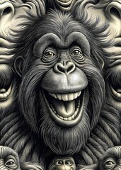 Obraz premium Smiling Gorilla Faces Expression Joyful Laughter Unique Artistry Playful Design Whimsical Charcoal Illustration