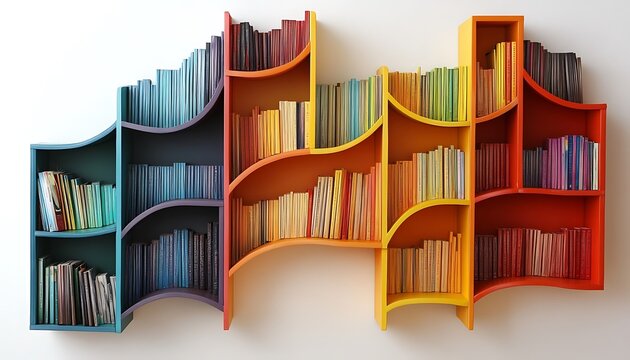 Colorful Books Arranged on a Modern Wall Mounted Bookshelf