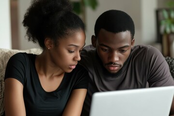 Obraz premium Couple Looking At Laptop Screen. Man and Woman Sitting on Cozy Sofa, Reading Email and Chatting Online