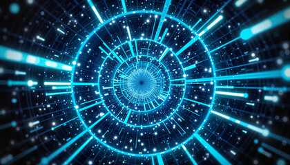 Obraz premium Vibrant digital tunnel with glowing lines and particles, futuristic design