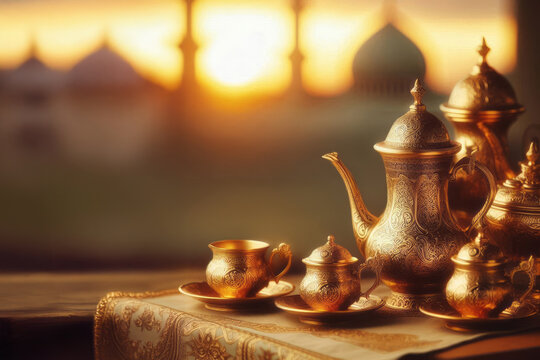 Ornate golden tea set with cups on table under sunset light. Ramadan celebration and Middle Eastern tradition. Perfect for hospitality industry, event planners, and cultural festival promotions,