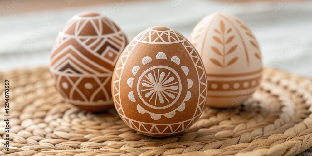 Poster decoratively patterned eggs sit on a woven mat, showcasing intricate designs and earthy tones in a s