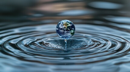 Miniature Earth globe suspended in water, creating ripples against a blurred, blue background
