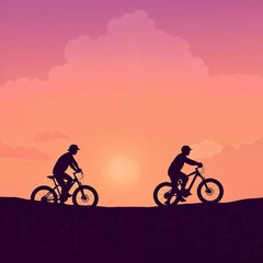 Silhouetted Mountain Bikers at Peaceful Sunset