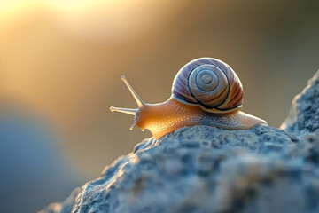 A close-up of a snail crawling on a rock, leaving a slime trail behind it.