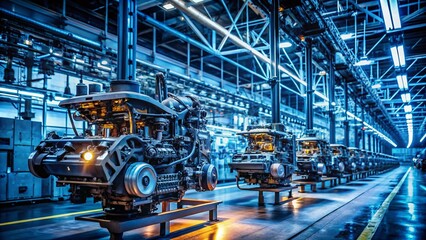 Fototapeta premium Low Light Auto Assembly: Internal Combustion Engine Production