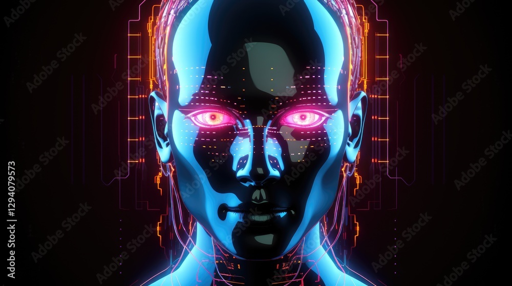 Poster digital human bot on binary code background illustration