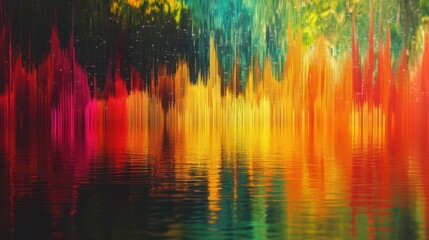 Colorful sound wave reflection, digital art, , Abstract colorful background with lines reflecting on water, surrounded by trees and autumn foliage, creating a vibrant, textured design