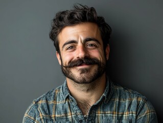 Fototapeta premium Creepy Guy with Mustache. Portrait of a Person with Expressive Face and Casual Attire