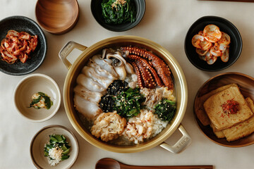 Seafood Bibimbap with Side Dishes Arrangement